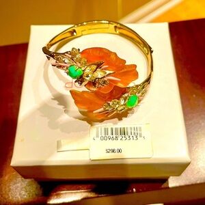 Alexis Bittar Orchid Bracelet in Salmon Pink Lucite, green stones, & crystals.